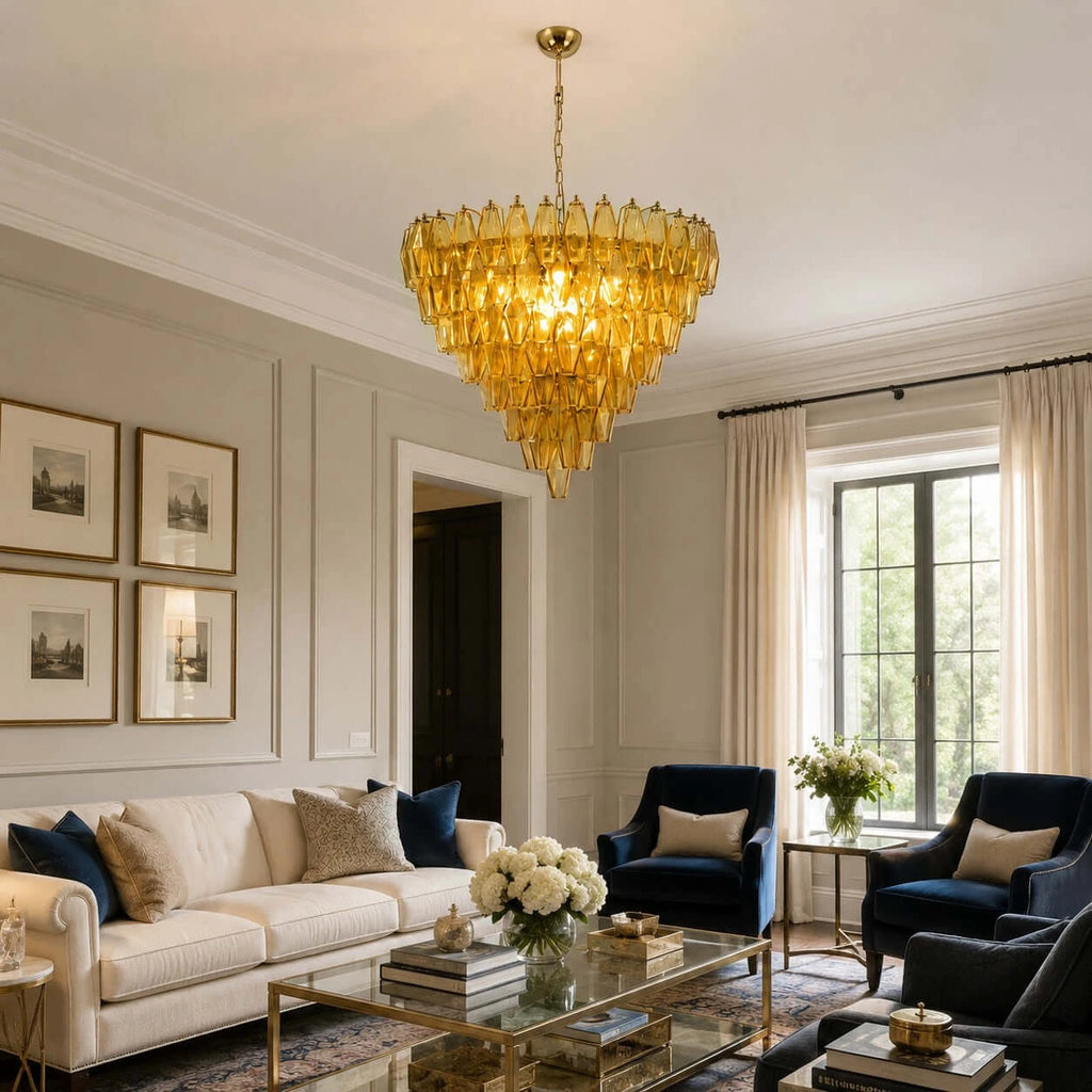 Modern Yellow Faceted Art Glass Chandelier in Contemporary Living Room