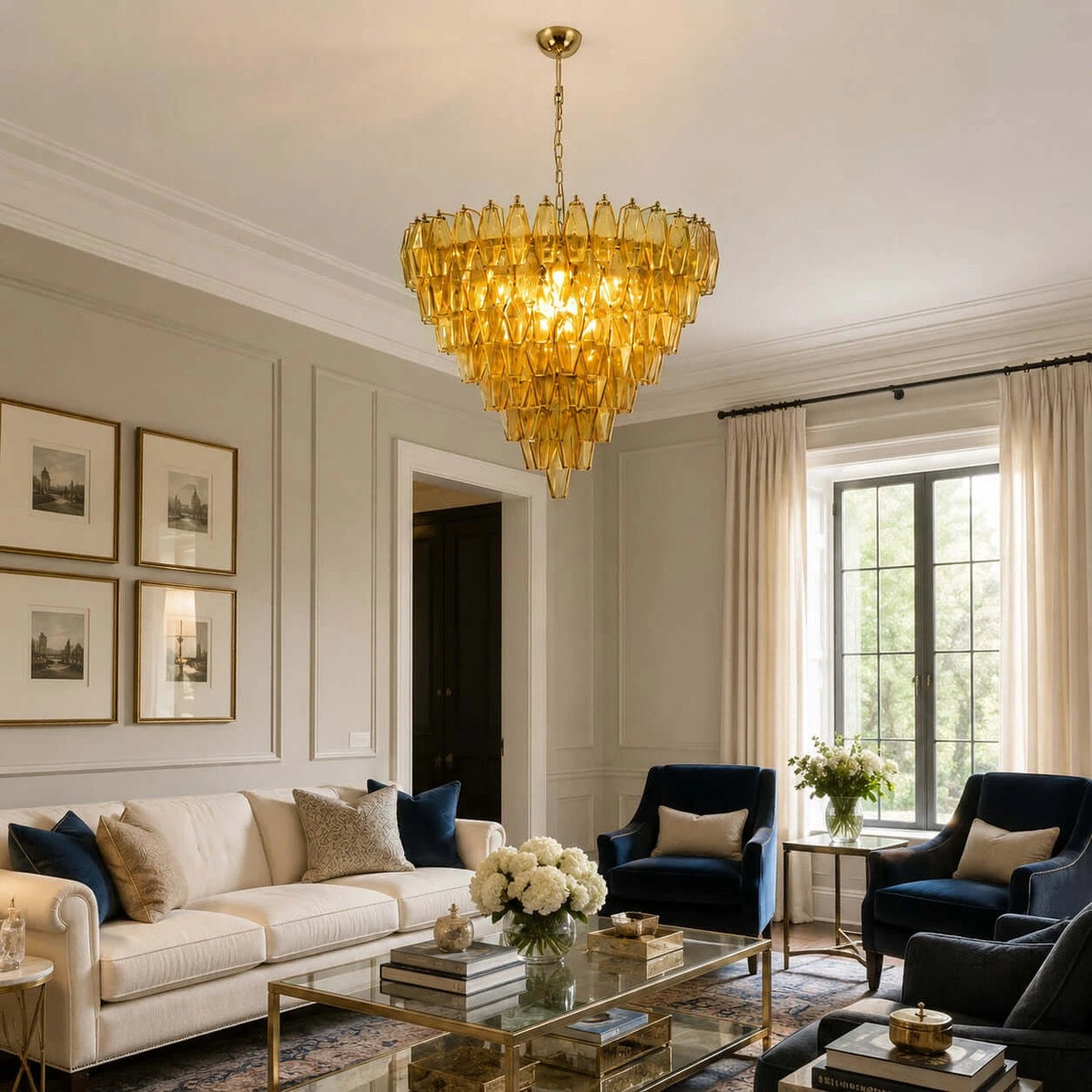 Modern Yellow Faceted Art Glass Chandelier in Contemporary Living Room