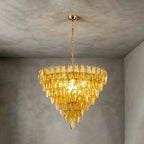 Illuminated Modern Cascading Yellow Faceted Art Glass Chandelier Studio Shot