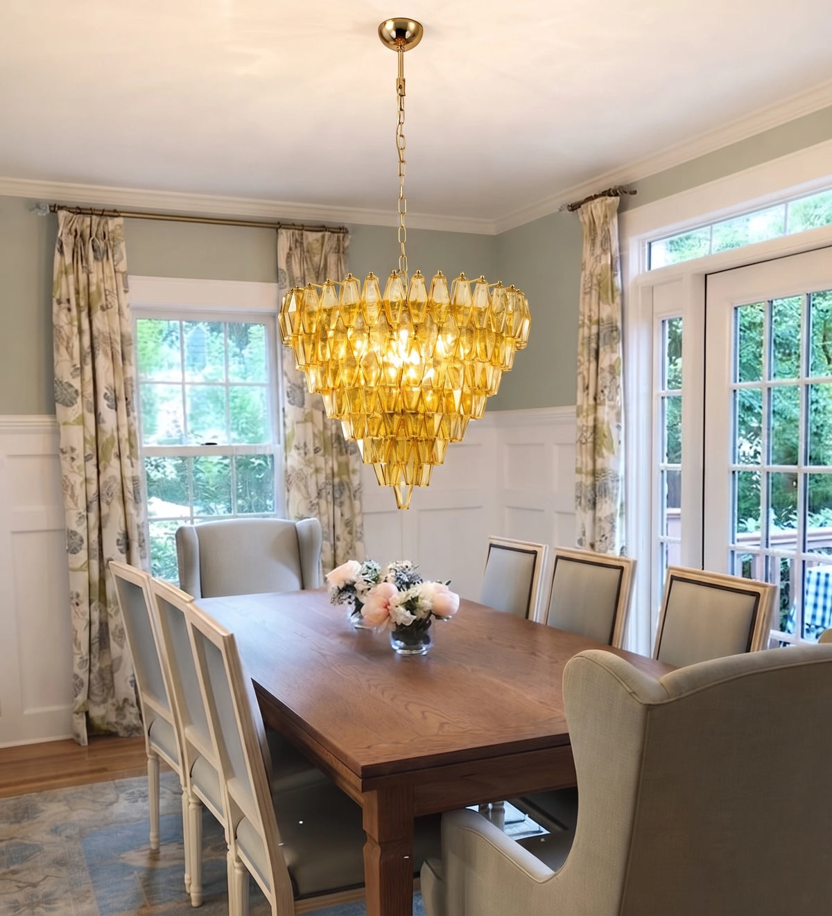 Modern Yellow Faceted Art Glass Chandelier Over Wooden Dining Table