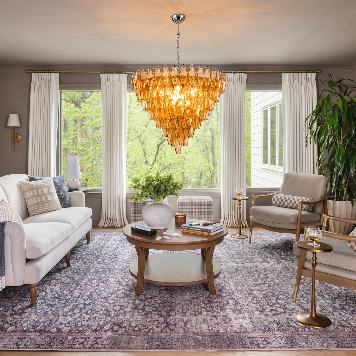 Modern Cascading Yellow Art Glass Chandelier in Bright Living Room