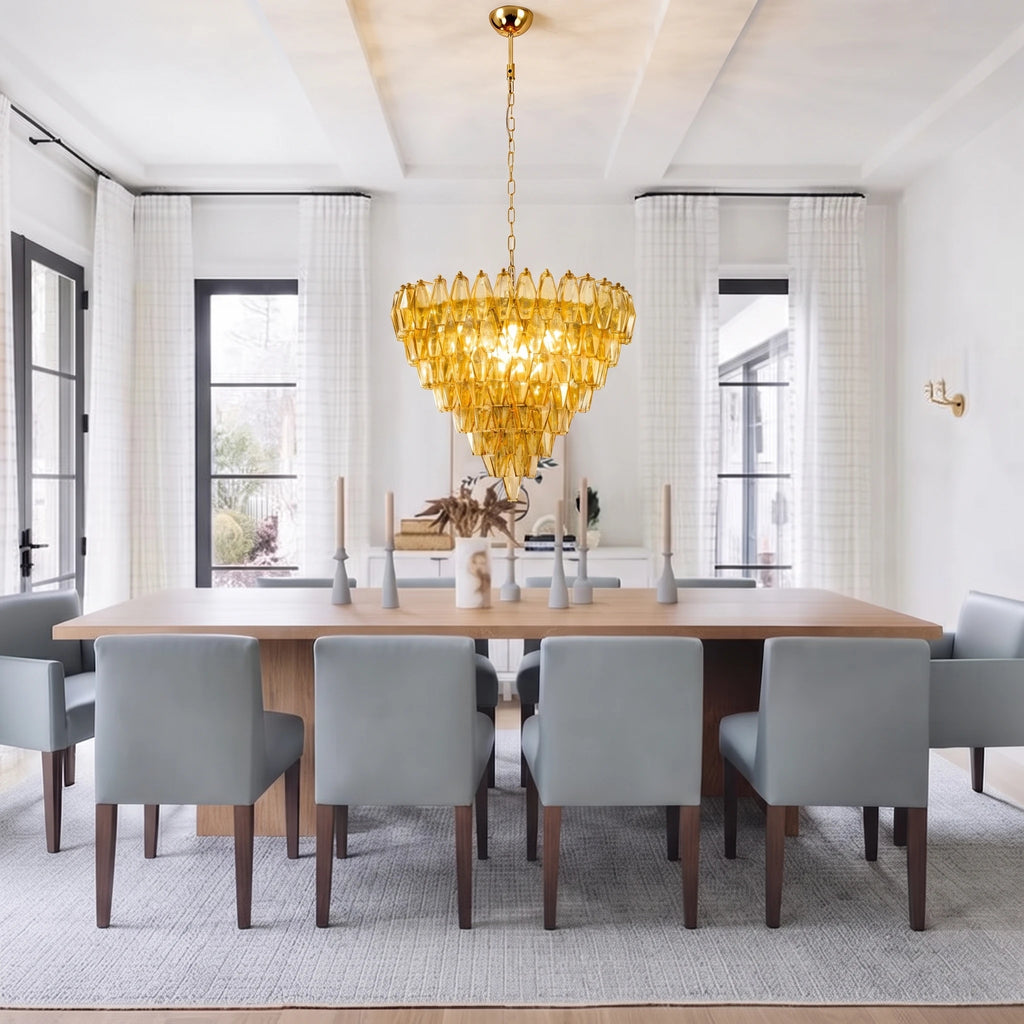 Modern Yellow Faceted Glass Chandelier Over Formal Dining Room Table