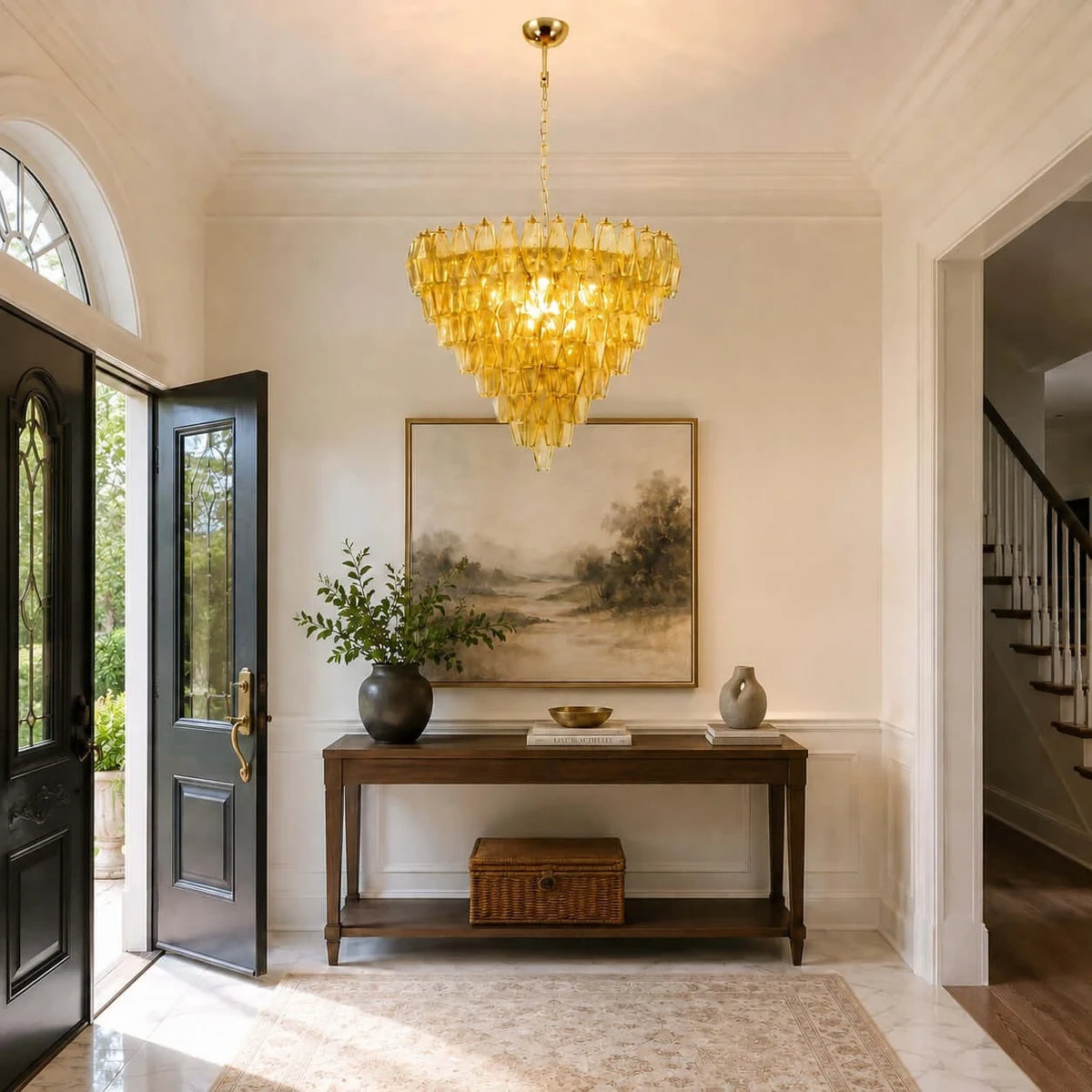 Modern Yellow Faceted Art Glass Chandelier in Entryway Foyer