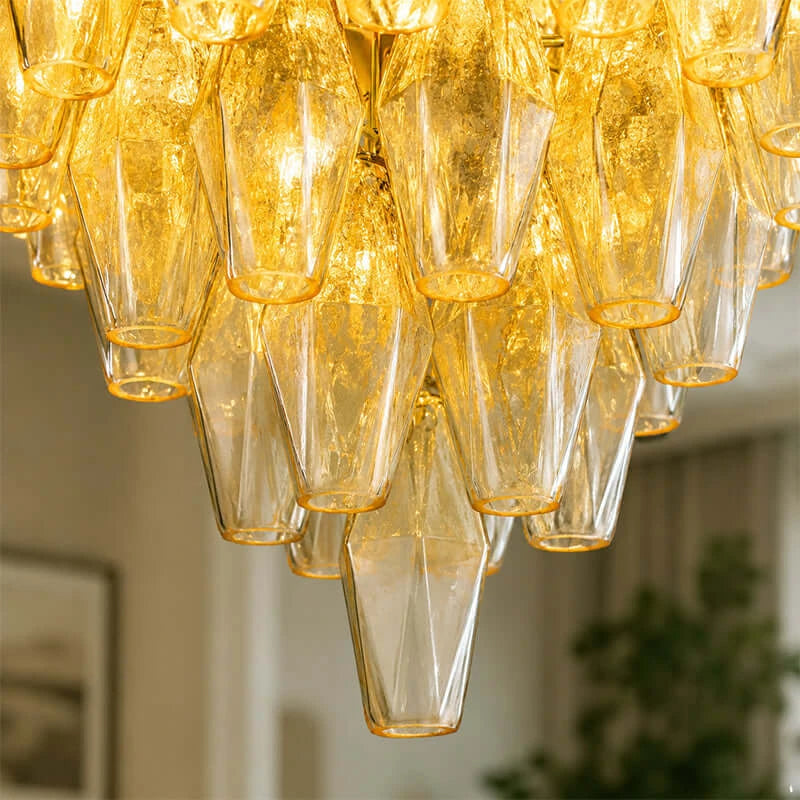 Bottom Up View of Illuminated Modern Cascading Yellow Art Glass Chandelier