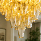 Bottom Up View of Illuminated Modern Cascading Yellow Art Glass Chandelier