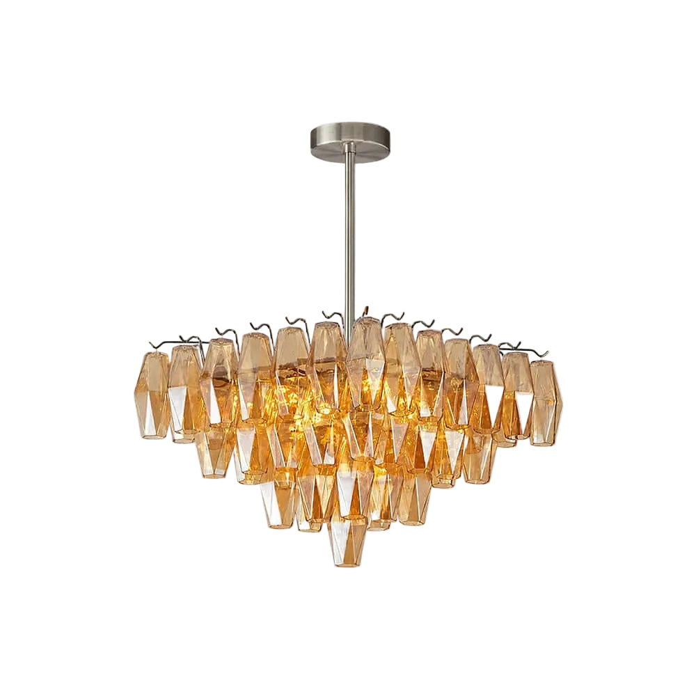 Modern Cascading Amber Faceted Art Glass Chandelier with Nickel Stem on Pure White Background