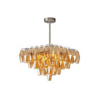 Modern Cascading Amber Faceted Art Glass Chandelier with Nickel Stem on Pure White Background