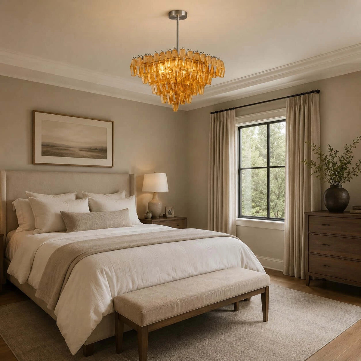Modern Amber Faceted Art Glass Chandelier in Master Bedroom Setting