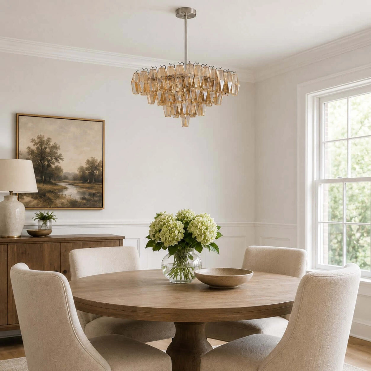 Modern Cascading Amber Art Glass Chandelier Over Dining Room Table