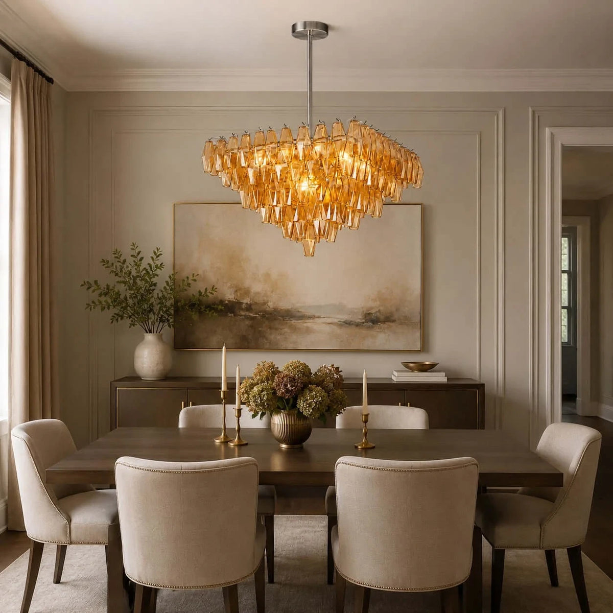 Modern Cascading Art Glass Chandelier Over Formal Dining Table