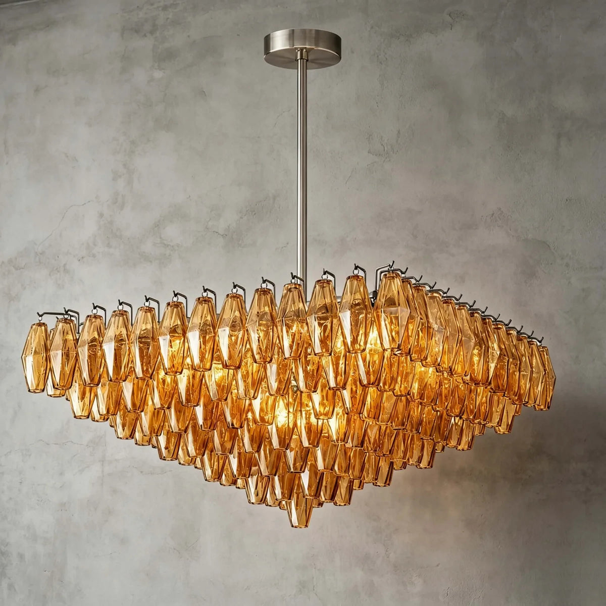 Illuminated Modern Amber Art Glass Chandelier Studio Display