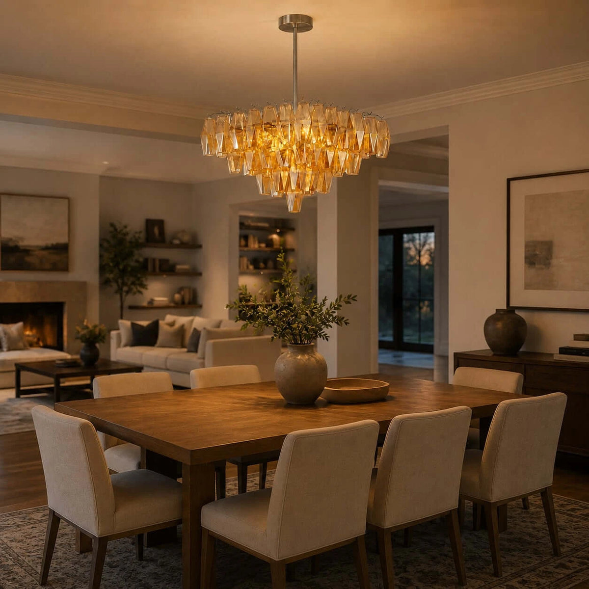 Modern Amber Faceted Art Glass Chandelier Over Dining Area