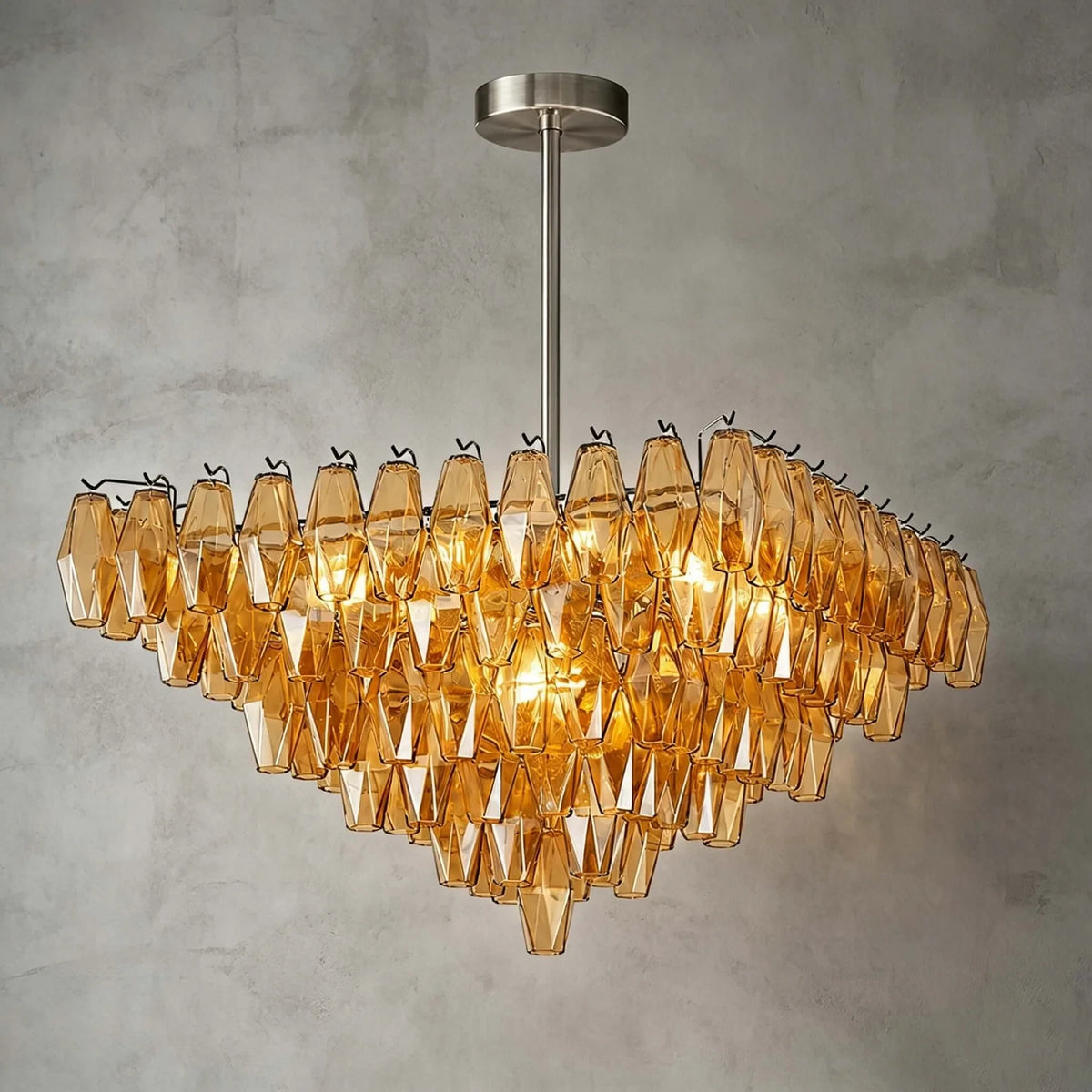 Bottom Up View of Illuminated Modern Cascading Amber Art Glass Chandelier
