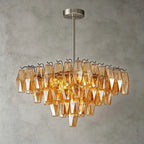 Studio Display of Illuminated Modern Amber Faceted Art Glass Chandelier