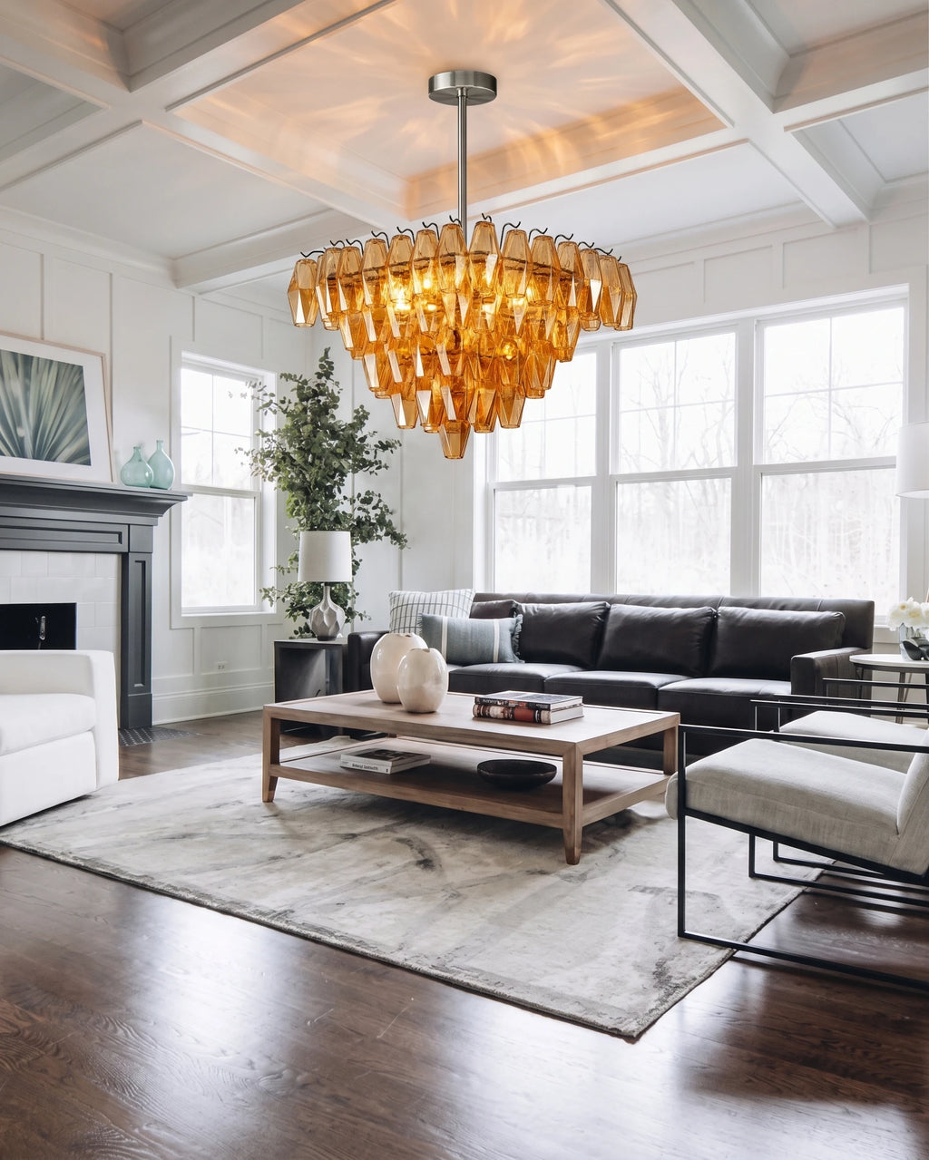 Modern Cascading Amber Art Glass Chandelier in Vaulted Living Room