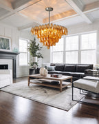 Modern Cascading Amber Art Glass Chandelier in Vaulted Living Room