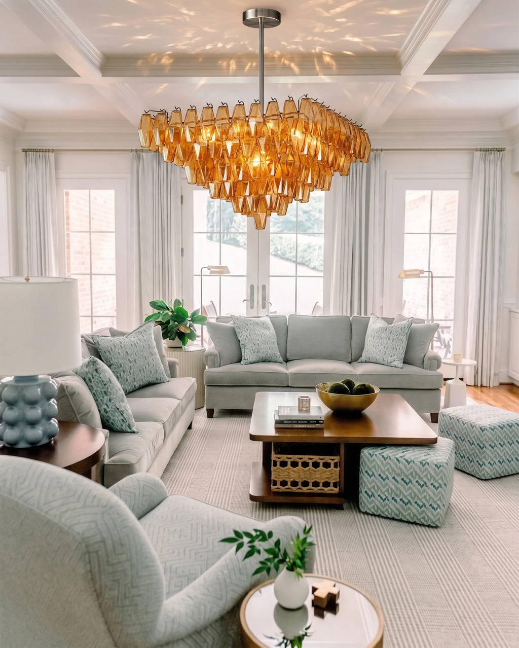 Modern Amber Faceted Art Glass Chandelier in Coastal Living Room