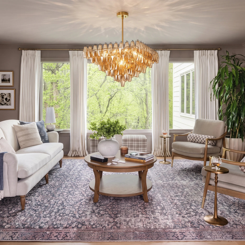Modern Cascading Amber Art Glass Chandelier in Bright Living Room