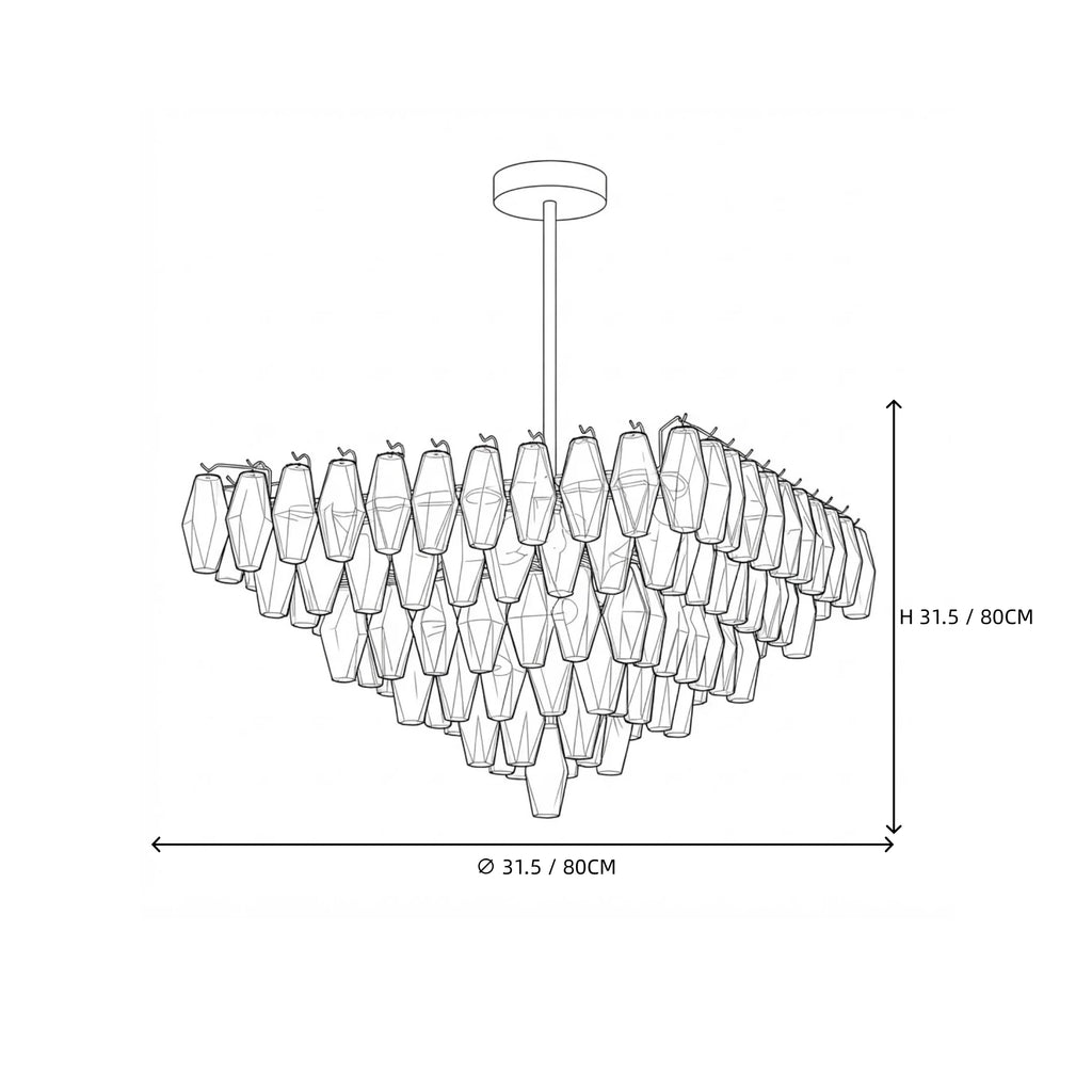 Modern Cascading Amber Faceted Art Glass Chandelier Line Art Dimension Diagram