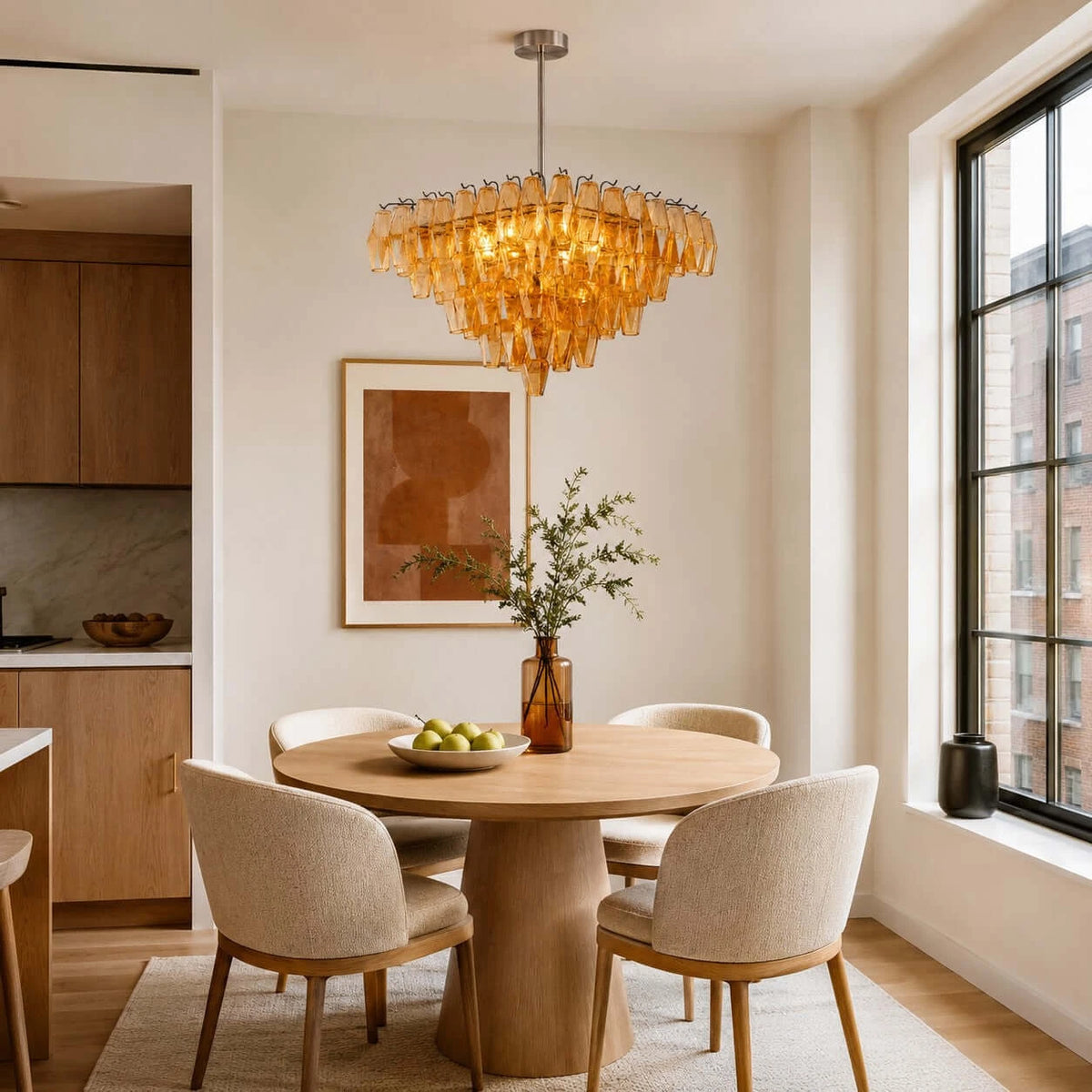 Modern Amber Faceted Glass Chandelier Over Wooden Dining Table