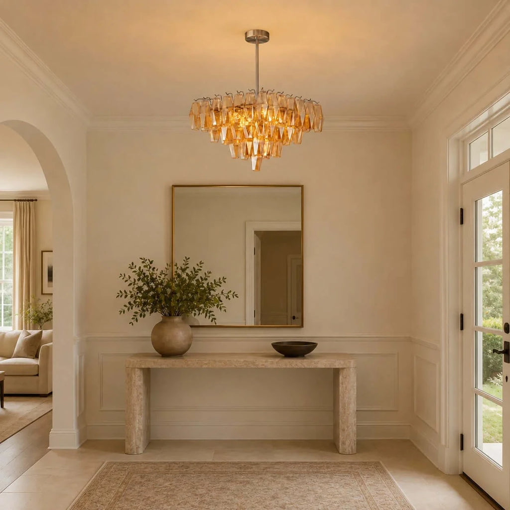 Modern Cascading Art Glass Chandelier in Hallway Foyer