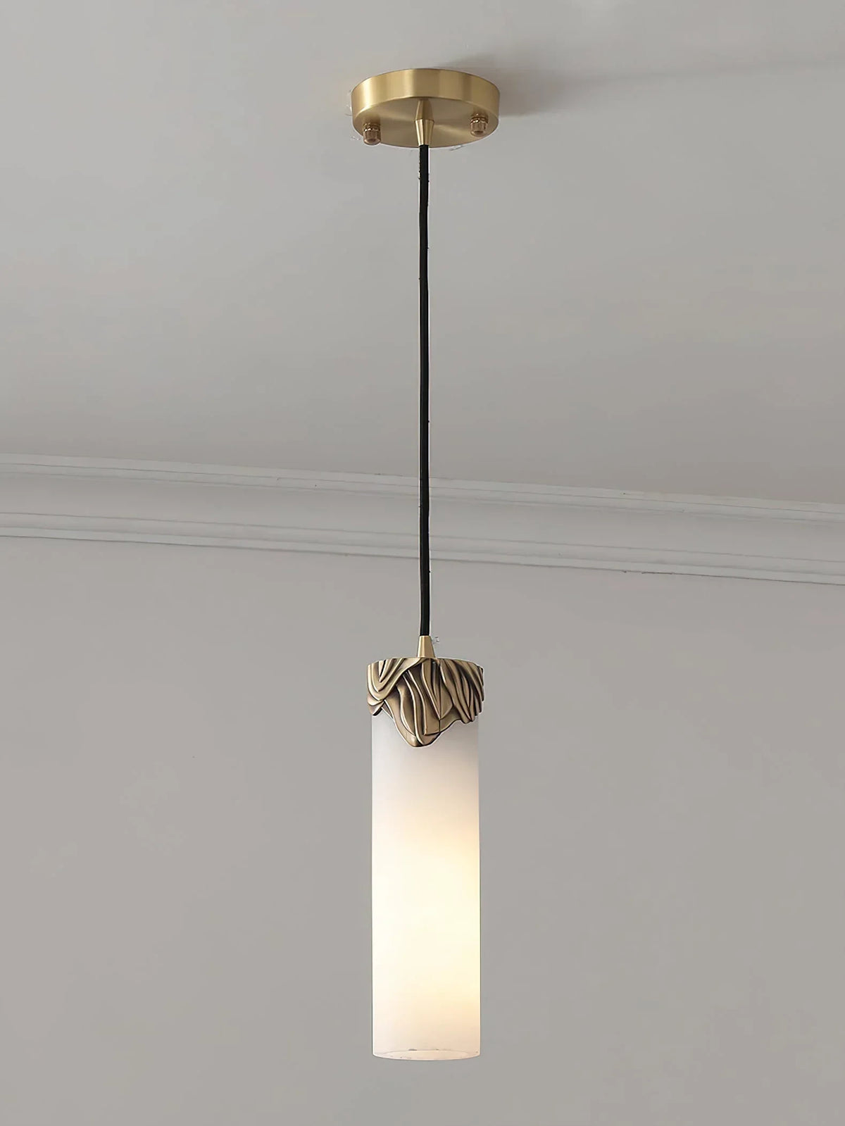 Illuminated Modern Cylinder Alabaster Art Glass Pendant Light Studio Shot