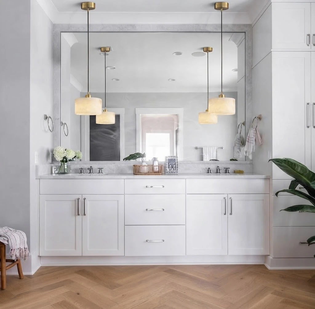 Modern Alabaster Art Glass Pendant Lights in Bathroom Vanity Setting