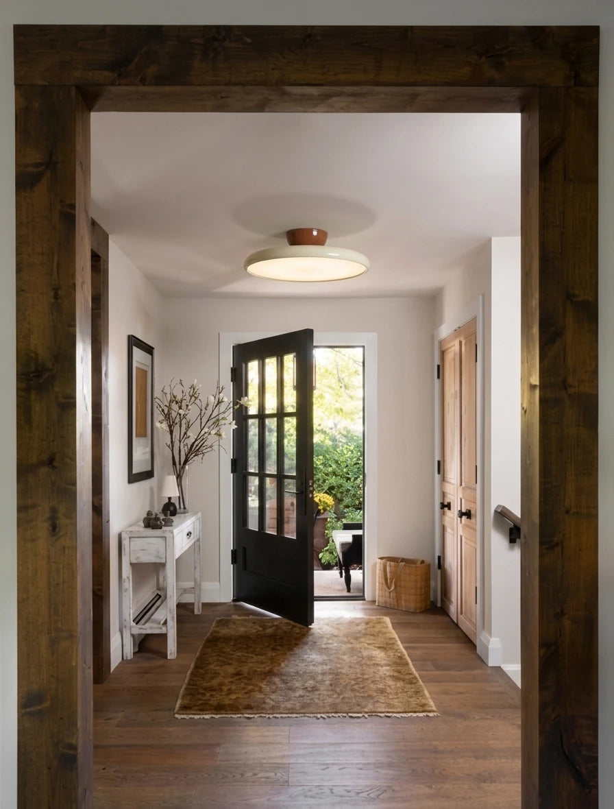 Modern Ceiling Light in Rustic Hallway Entryway