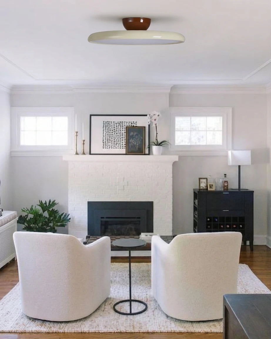 Modern Wood Ceiling Light in Living Room with Fireplace