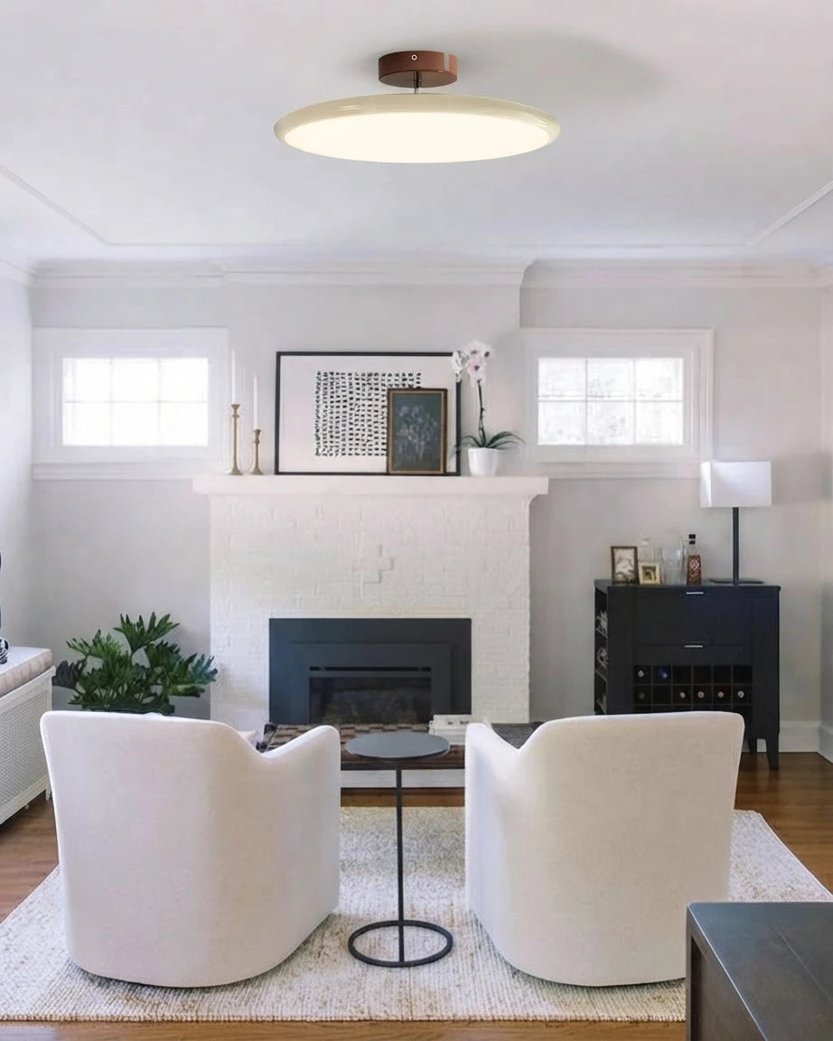 Modern Wood Ceiling Light in Living Room with Fireplace