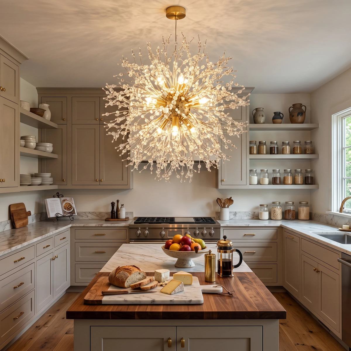 Coral Branch Crystal Chandelier Over Wooden Kitchen Island