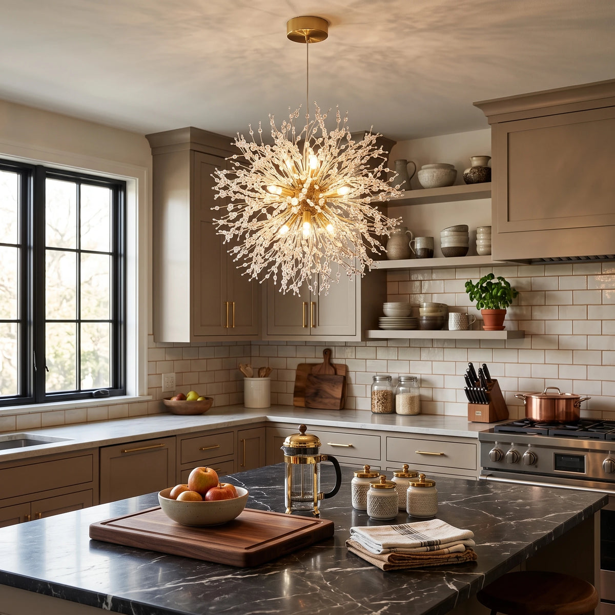Brass Coral Branch Chandelier Over Kitchen Island Counter