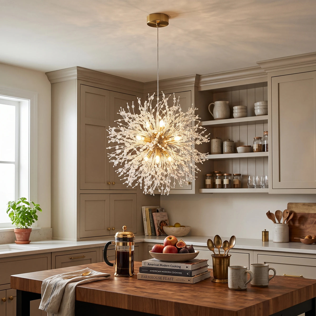 Modern Dandelion Sphere Chandelier Over Kitchen Dining Area