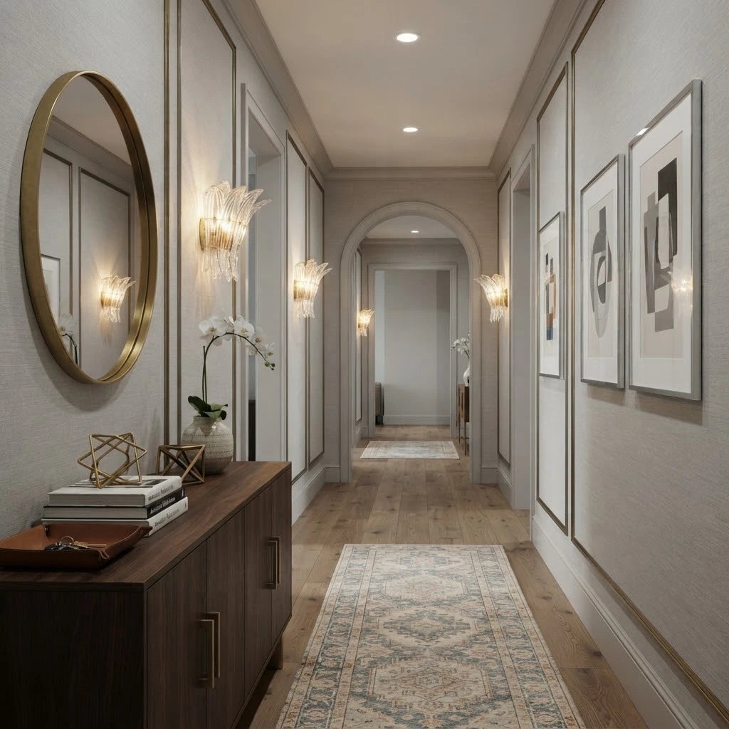 Modern Petal Art Glass Wall Sconces Along Hallway Foyer
