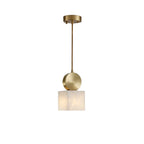 Modern Brass and Square Alabaster Pendant Light with Round Brass Connector on Pure White Background