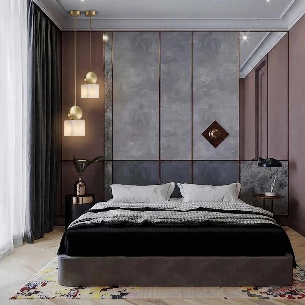 Modern Square Alabaster Pendant Light in Master Bedroom Interior