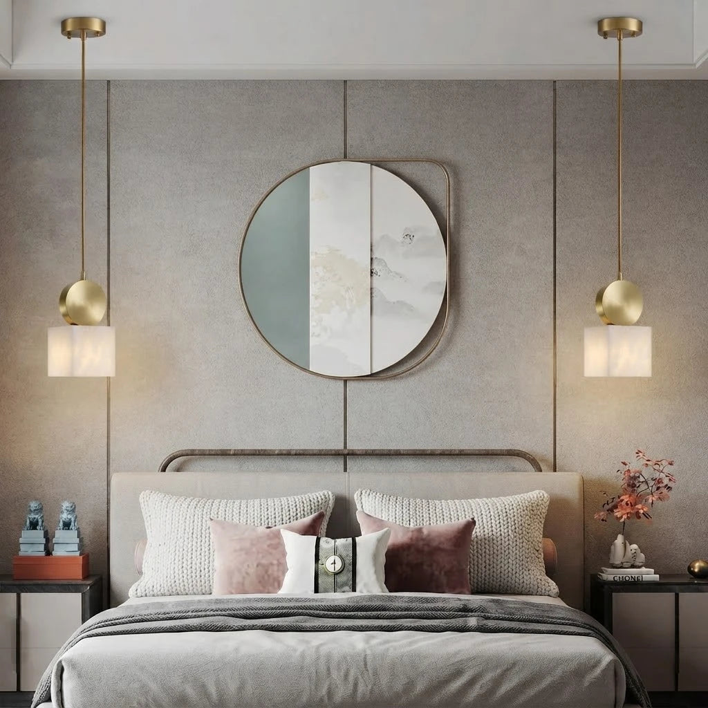 Modern Square Alabaster Pendant Lights in Bedroom Setting