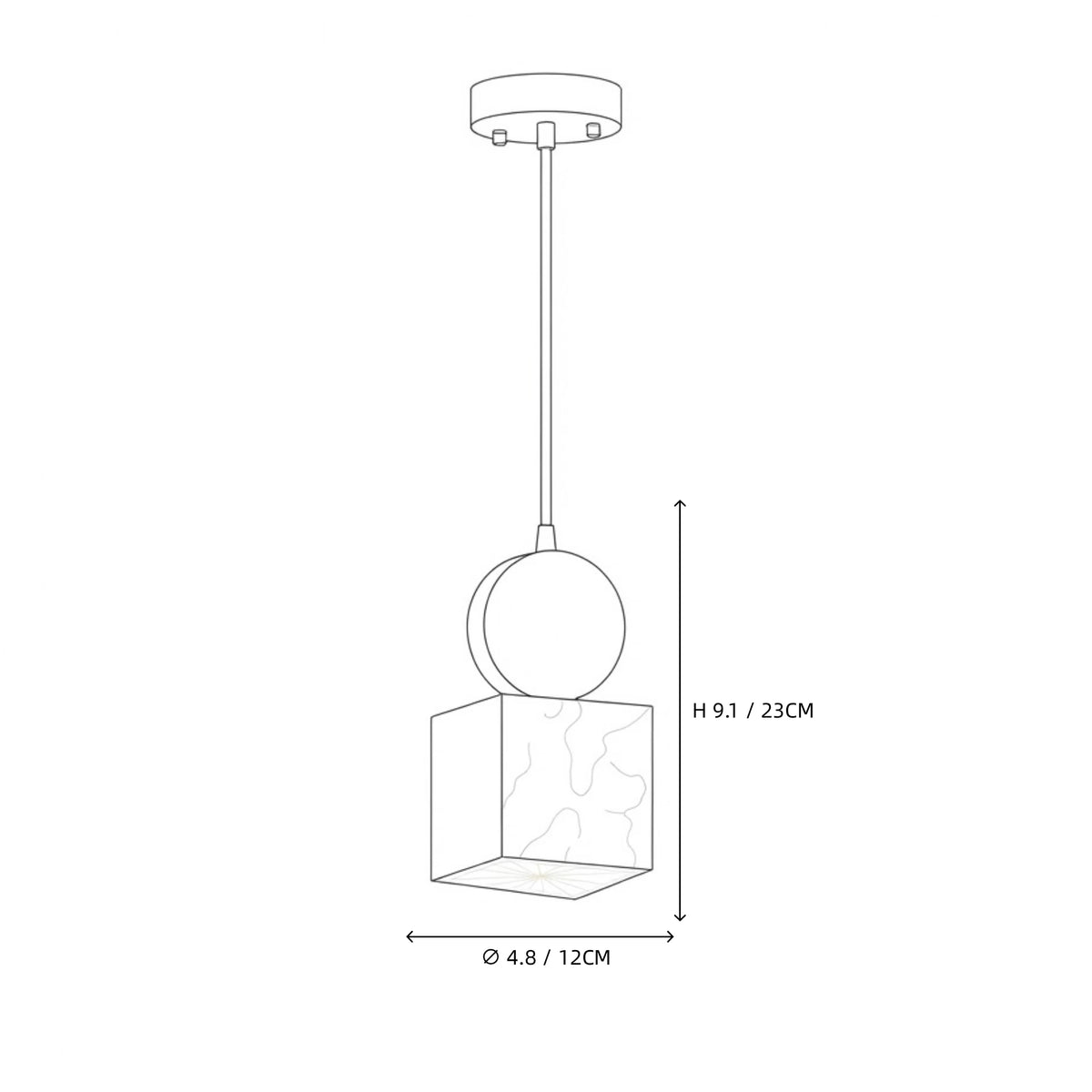 Modern Brass and Square Alabaster Pendant Light Line Art Dimension Diagram