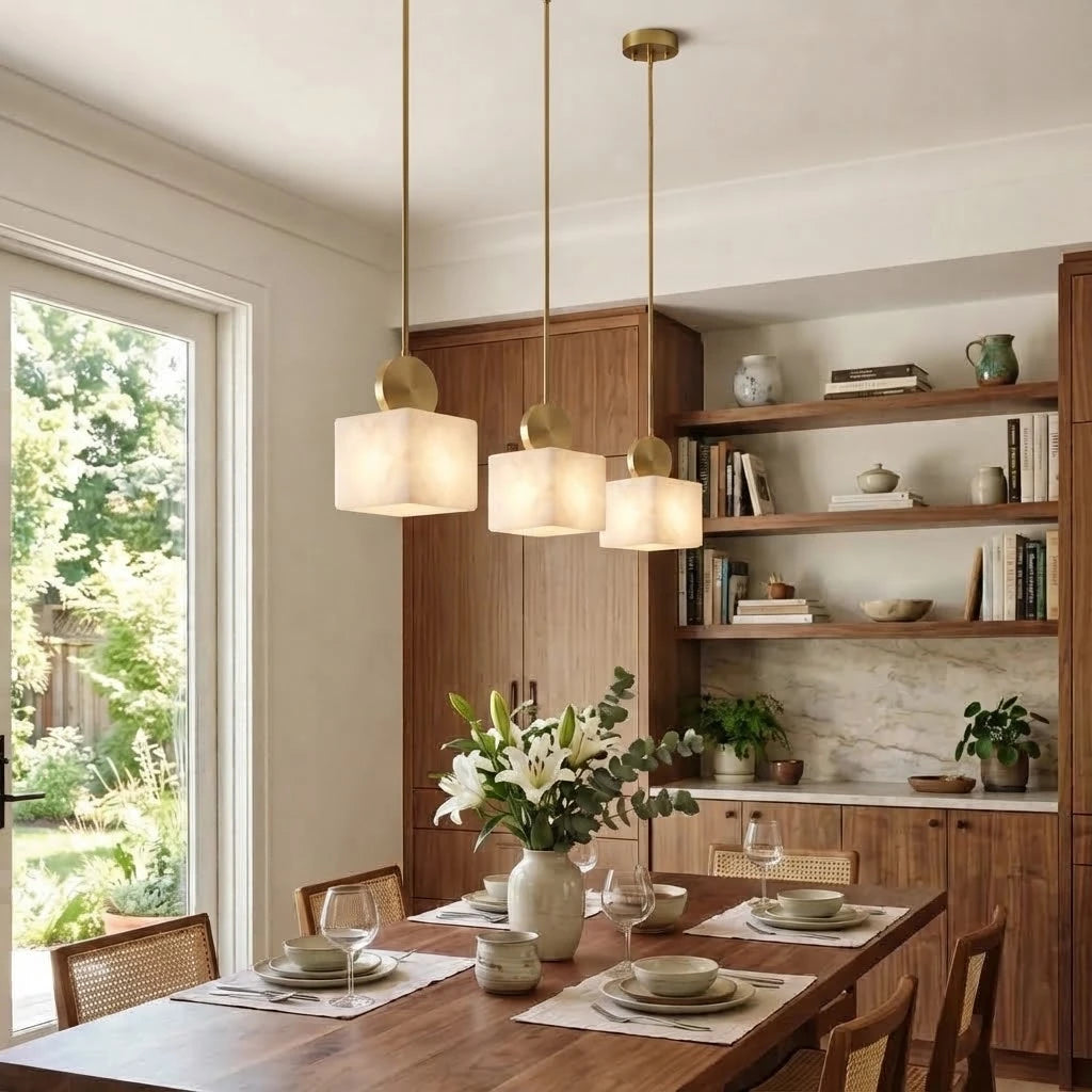 Modern Brass Alabaster Pendant Light Over Dining Table