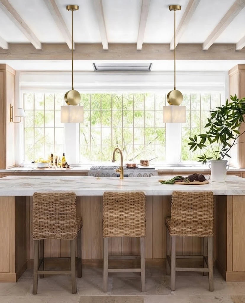 Modern Square Alabaster Pendant Lights Over Kitchen Counter