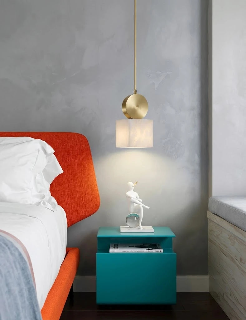 Modern Square Alabaster Pendant Light Over Bedside Nightstand
