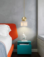 Modern Square Alabaster Pendant Light Over Bedside Nightstand
