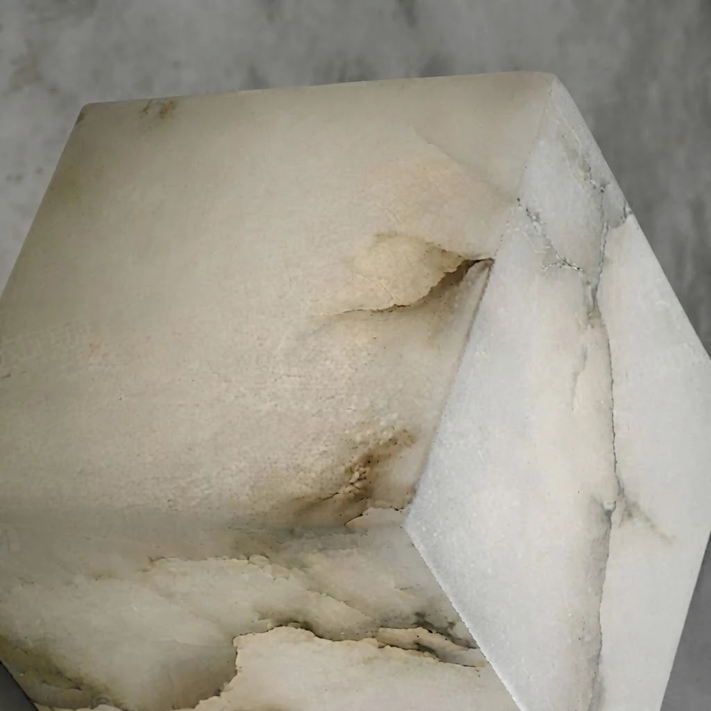 Close Up View of Natural Alabaster Stone Cube Texture and Veins
