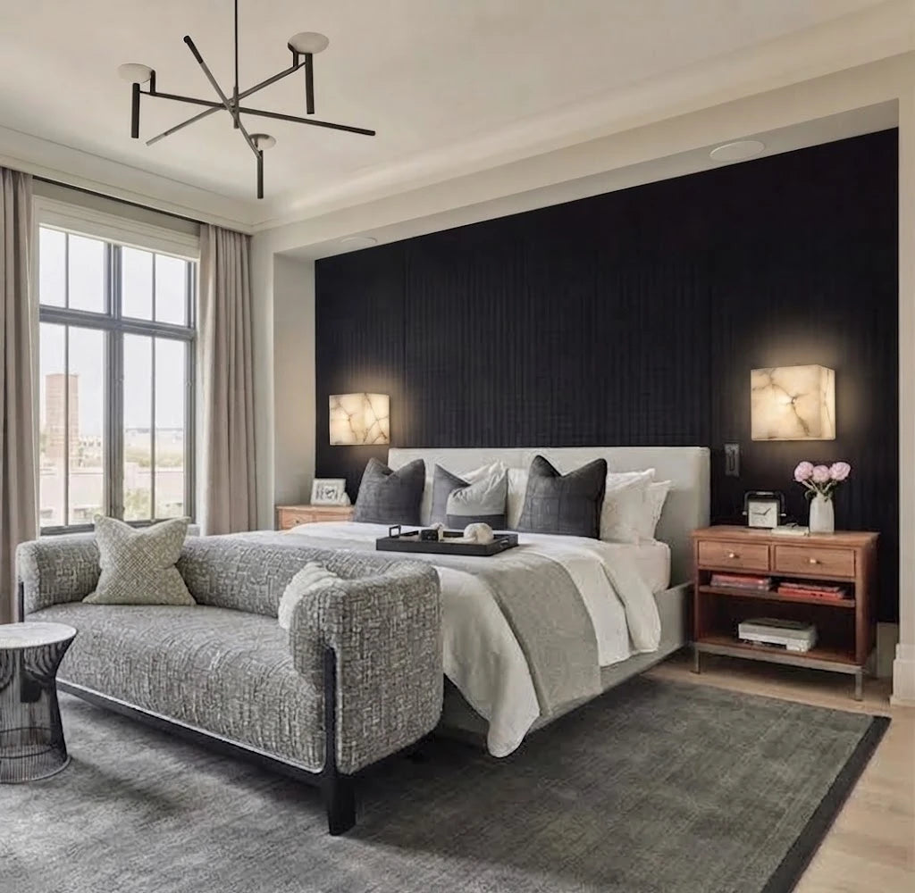 Modern Cube Alabaster Wall Sconces in Luxury Master Bedroom