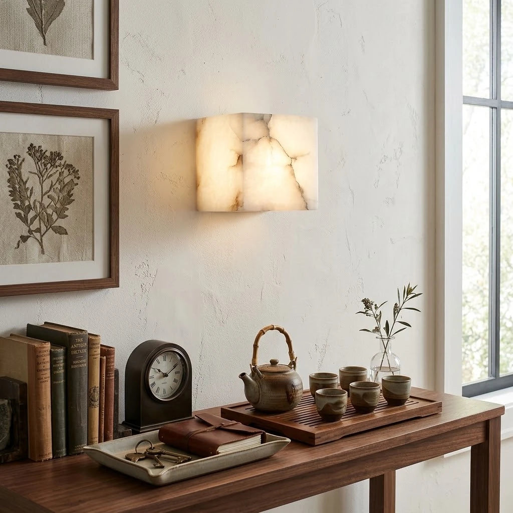 Modern Alabaster Art Glass Wall Sconce in Minimalist Study Setting