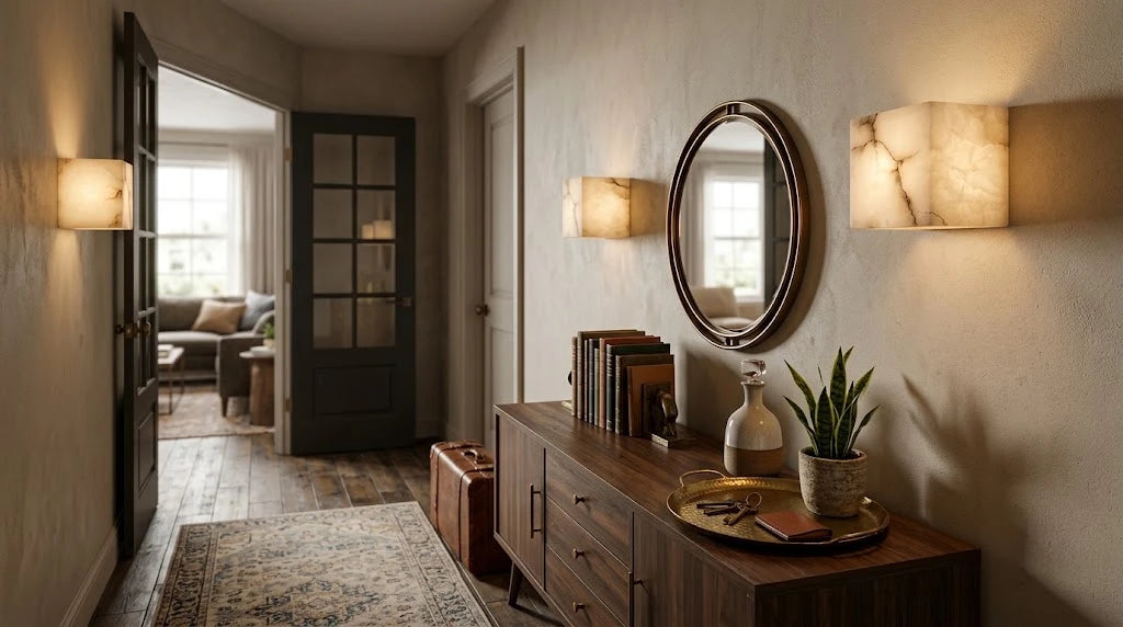 Modern Alabaster Wall Sconce Along Hallway Foyer