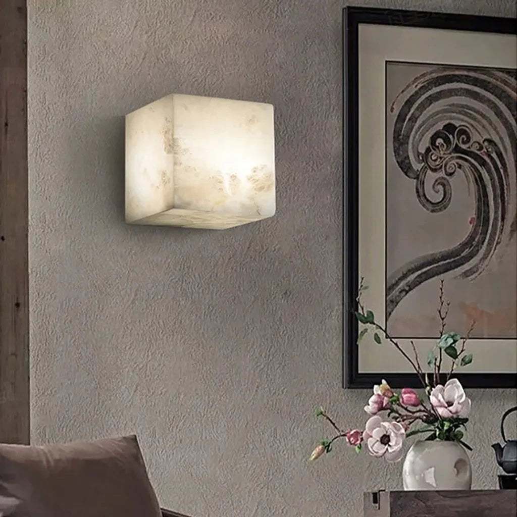 Modern Cube Alabaster Art Glass Wall Sconce on Paneled Wall