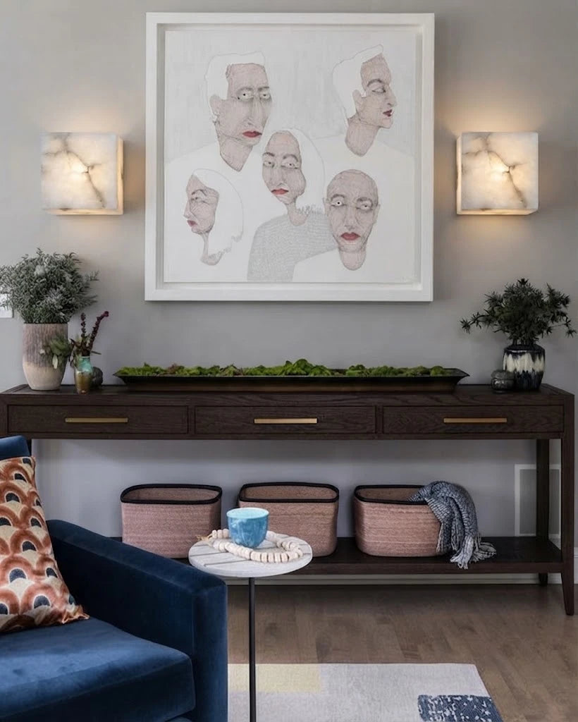 Modern Cube Alabaster Wall Sconce in Contemporary Living Room
