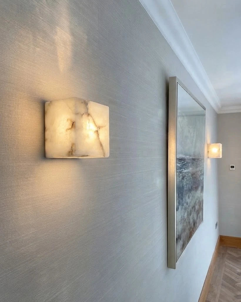 Side View of Modern Alabaster Wall Sconce in Hallway Corridor