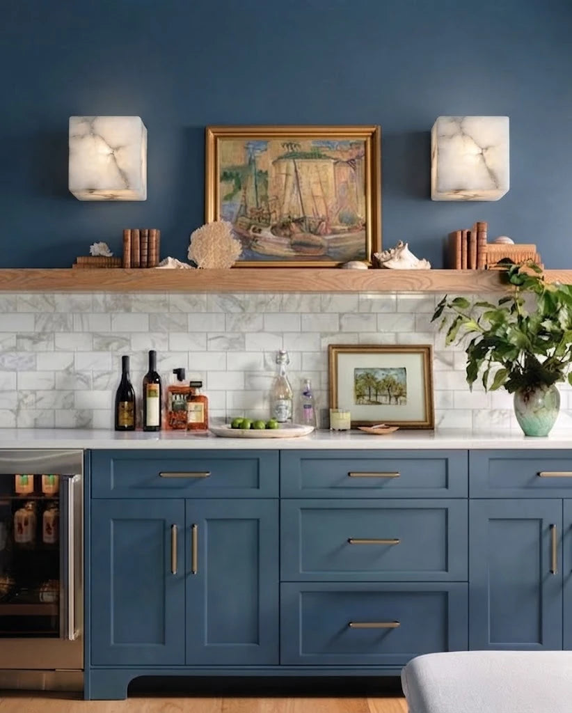 Modern Cube Alabaster Wall Sconce Over Kitchen Bar Area